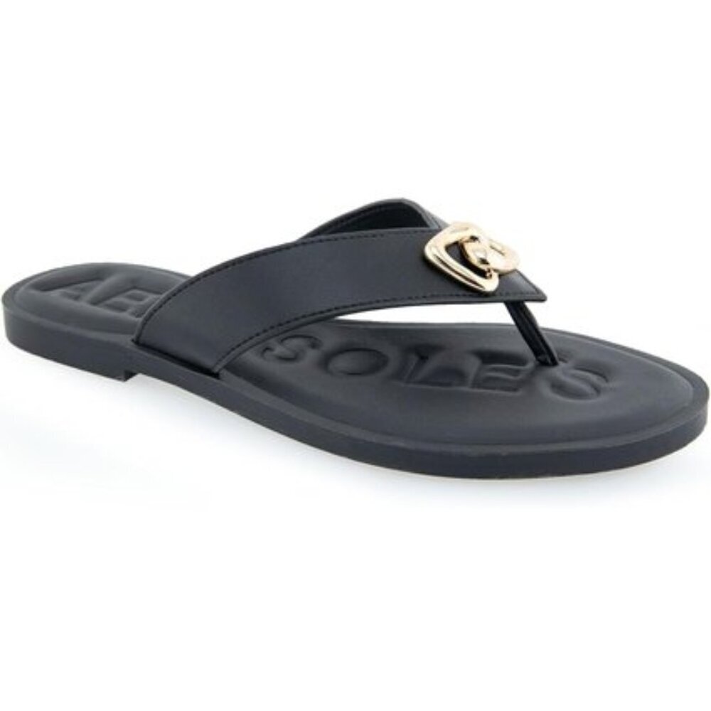Aerosoles Galen Faux Leather Thong Sandals Black Gold Chain Comfort Women’s 7M